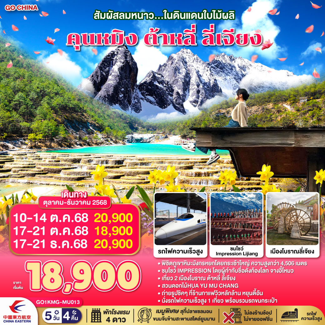 ทัวร์จีน สัมผัสลมหนาว...ในดินแดนใบไม้ผลิ คุนหมิง ต้าหลี่ ลี่เจียง *ไม่ลงร้าน* 5วัน 4คืน (MU)